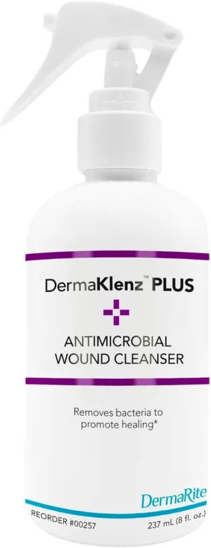 DermaRite's DermaKlenz PLUS Wound Cleanser - Rinse-Free Gentle Cleansing, Helps Clear Wound Debris, Promotes Healing with HOCL - Spray Bottle, 8 oz., 1 Count