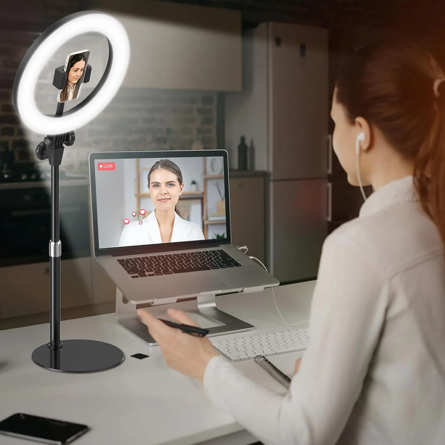 Desk Ring Light for Video Conference - Evershop 10" Lighting with Phone Holder for Video Recording, Zoom Calls, Selfie,Online Meeting, Streaming,Lights with 30.7" Adjustable Stand for Laptop, Computer
