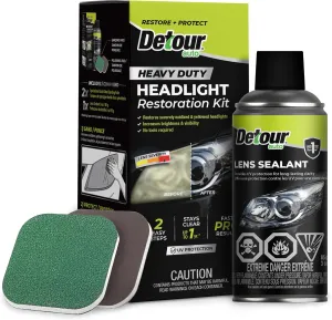 Detour Heavy Duty Headlight Restoration Kit - 2 Easy Steps to Professionally Restore Yellowed and Clouded Plastic Headlights, Long-Lasting UV Protection, No Tools Required