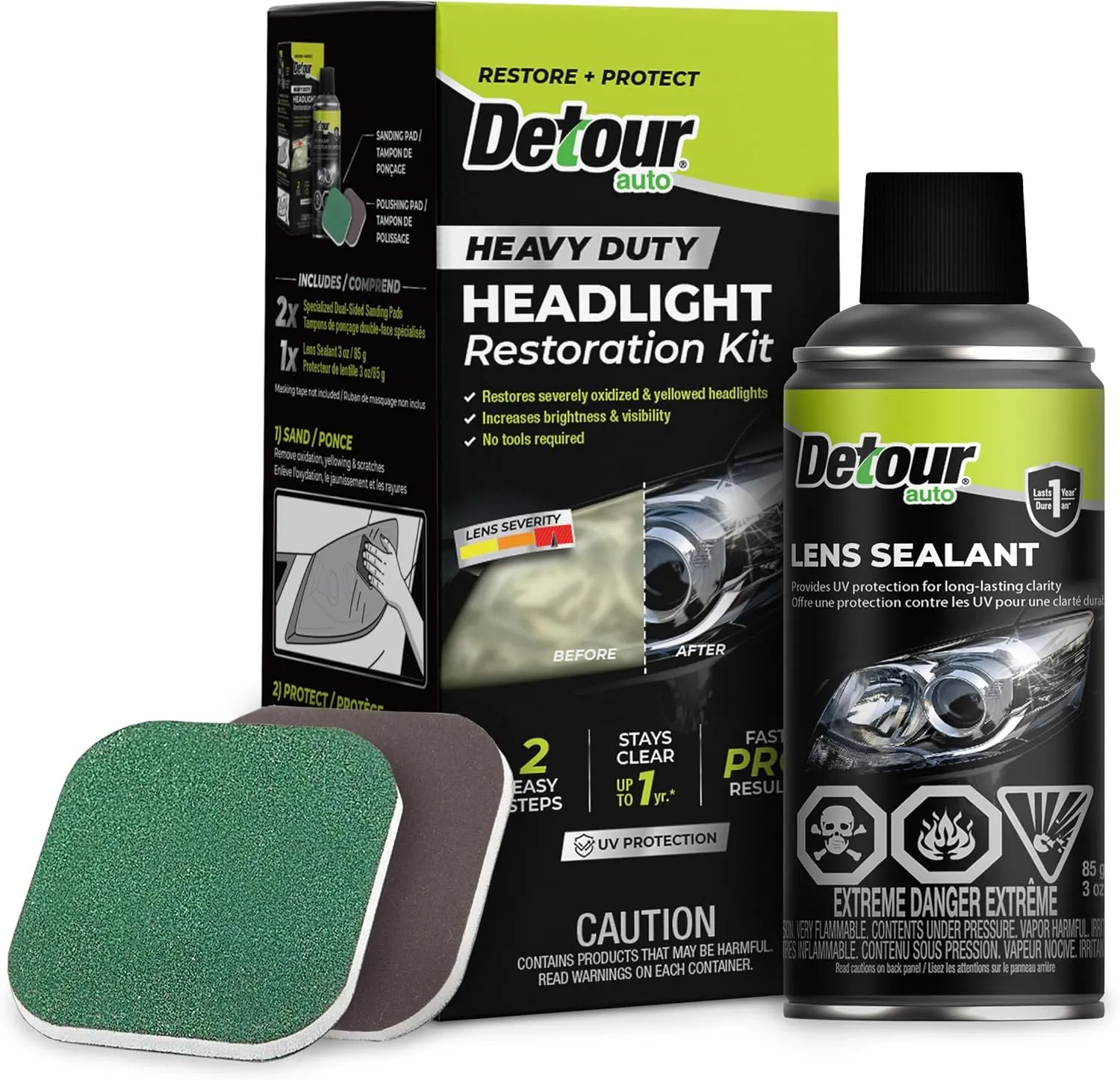 Detour Heavy Duty Headlight Restoration Kit - 2 Easy Steps to Professionally Restore Yellowed and Clouded Plastic Headlights, Long-Lasting UV Protection, No Tools Required