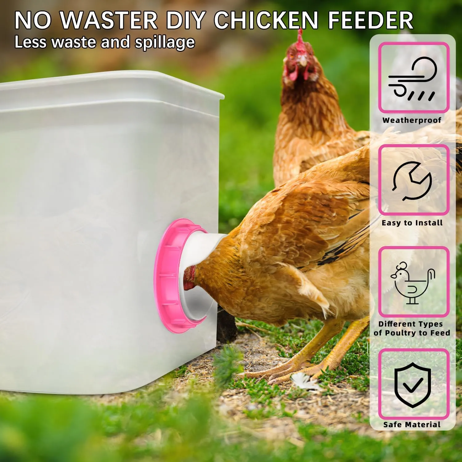 DIY Chicken Feeder No Waste 6 Ports Automatic 4 inch Poultry Feeder with 6 Pcs Stopper & 1 Drill Bit, Weatherproof Gravity Chicken Feeder Kits for Buckets, Barrels, Bins, Troughs (Pink)