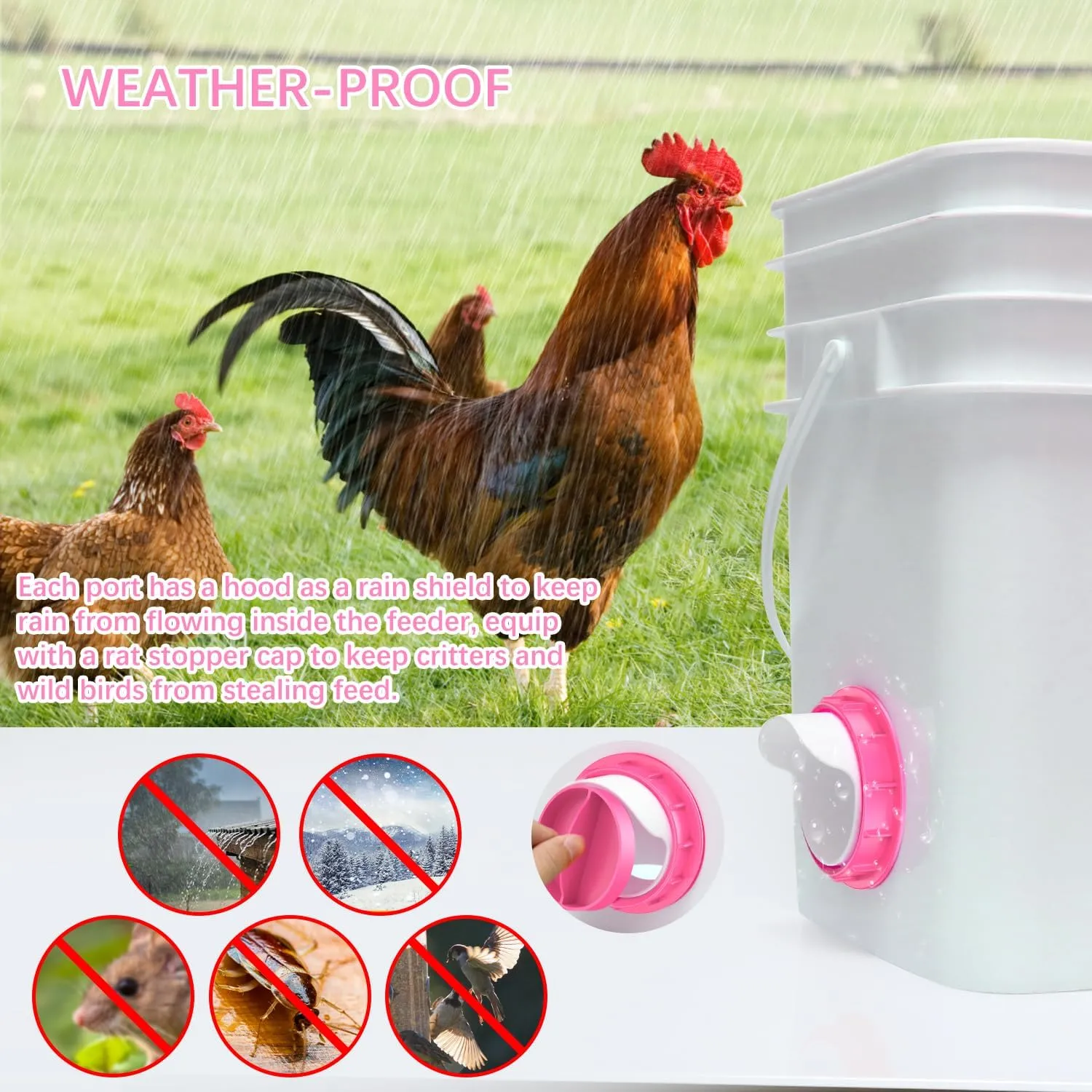 DIY Chicken Feeder No Waste 6 Ports Automatic 4 inch Poultry Feeder with 6 Pcs Stopper & 1 Drill Bit, Weatherproof Gravity Chicken Feeder Kits for Buckets, Barrels, Bins, Troughs (Pink)