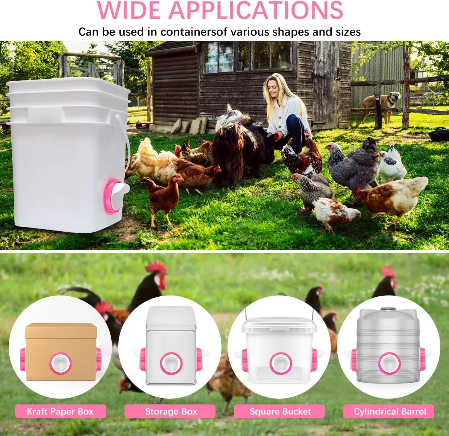 DIY Chicken Feeder No Waste 6 Ports Automatic 4 inch Poultry Feeder with 6 Pcs Stopper & 1 Drill Bit, Weatherproof Gravity Chicken Feeder Kits for Buckets, Barrels, Bins, Troughs (Pink)