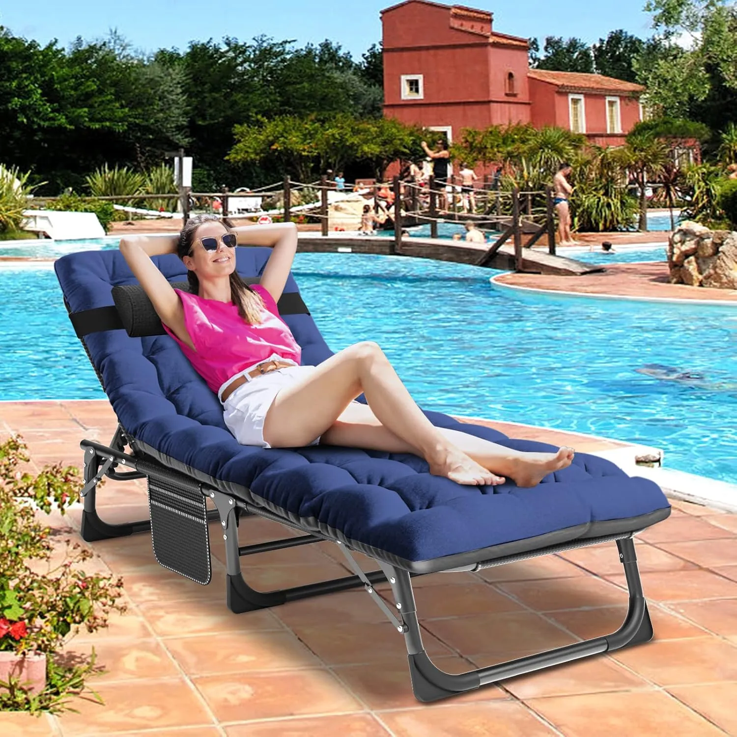 DoCred Folding Lounge Chair with Mattress, 5 Position Adjustable Folding Sleeping Bed Cot Chaise Lounge Chairs Perfect for Sunbathing, Camping, Pool, Beach, Patio