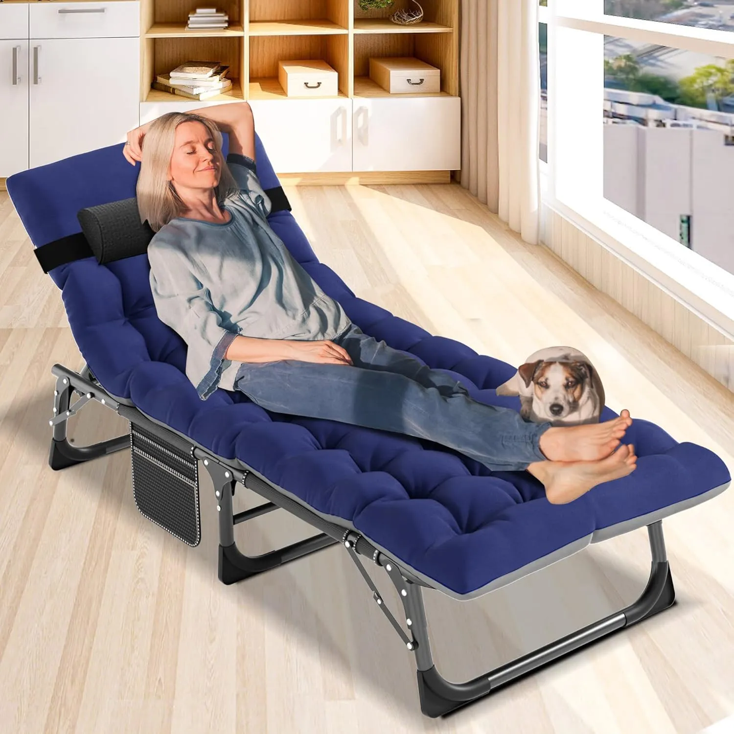 DoCred Folding Lounge Chair with Mattress, 5 Position Adjustable Folding Sleeping Bed Cot Chaise Lounge Chairs Perfect for Sunbathing, Camping, Pool, Beach, Patio
