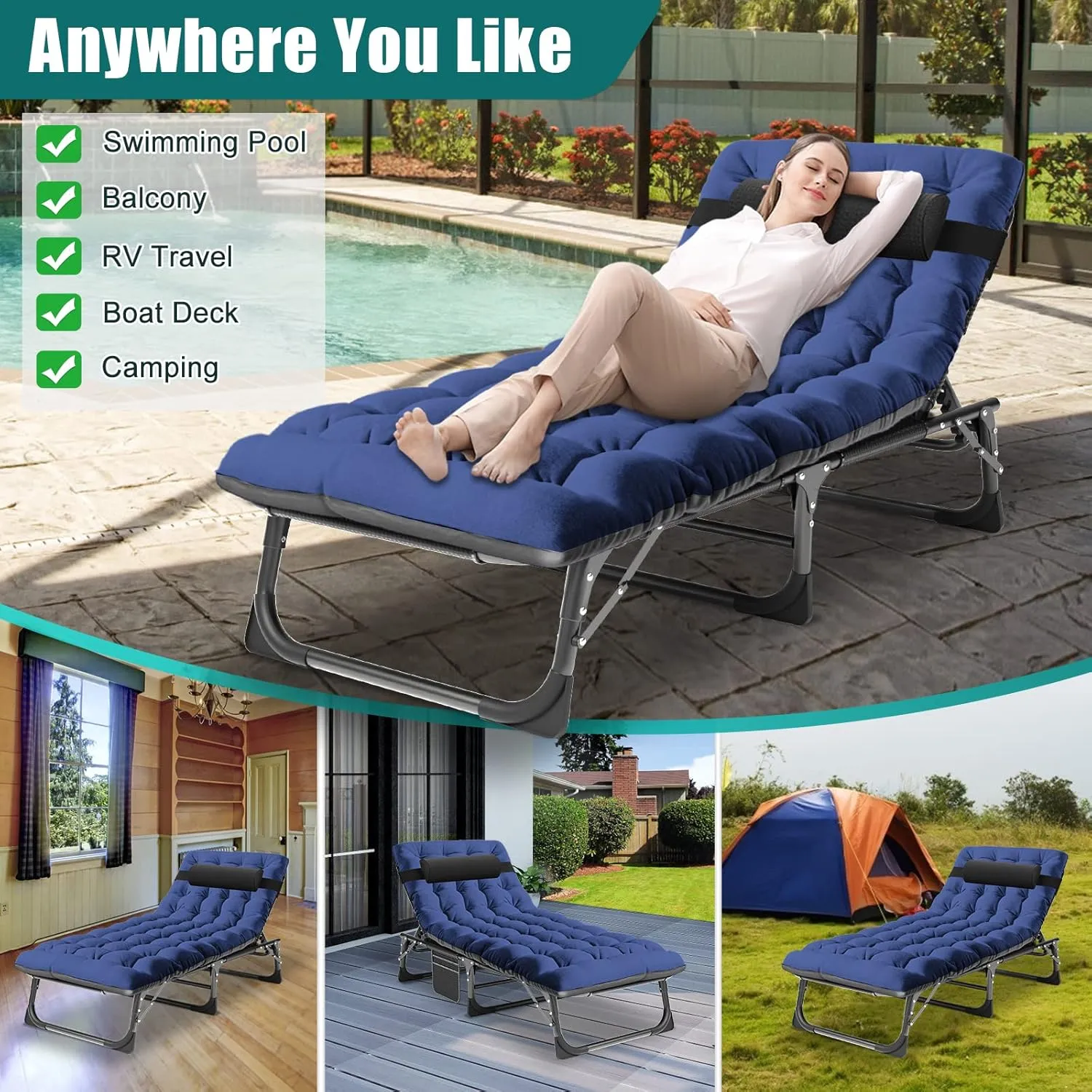 DoCred Folding Lounge Chair with Mattress, 5 Position Adjustable Folding Sleeping Bed Cot Chaise Lounge Chairs Perfect for Sunbathing, Camping, Pool, Beach, Patio