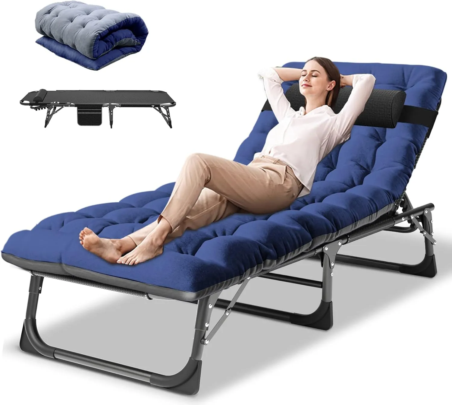 DoCred Folding Lounge Chair with Mattress, 5 Position Adjustable Folding Sleeping Bed Cot Chaise Lounge Chairs Perfect for Sunbathing, Camping, Pool, Beach, Patio