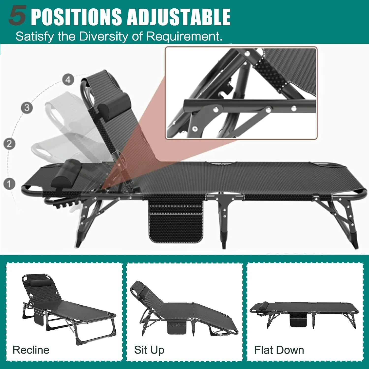 DoCred Folding Lounge Chair with Mattress, 5 Position Adjustable Folding Sleeping Bed Cot Chaise Lounge Chairs Perfect for Sunbathing, Camping, Pool, Beach, Patio