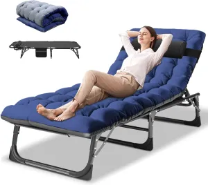 DoCred Folding Lounge Chair with Mattress, 5 Position Adjustable Folding Sleeping Bed Cot Chaise Lounge Chairs Perfect for Sunbathing, Camping, Pool, Beach, Patio