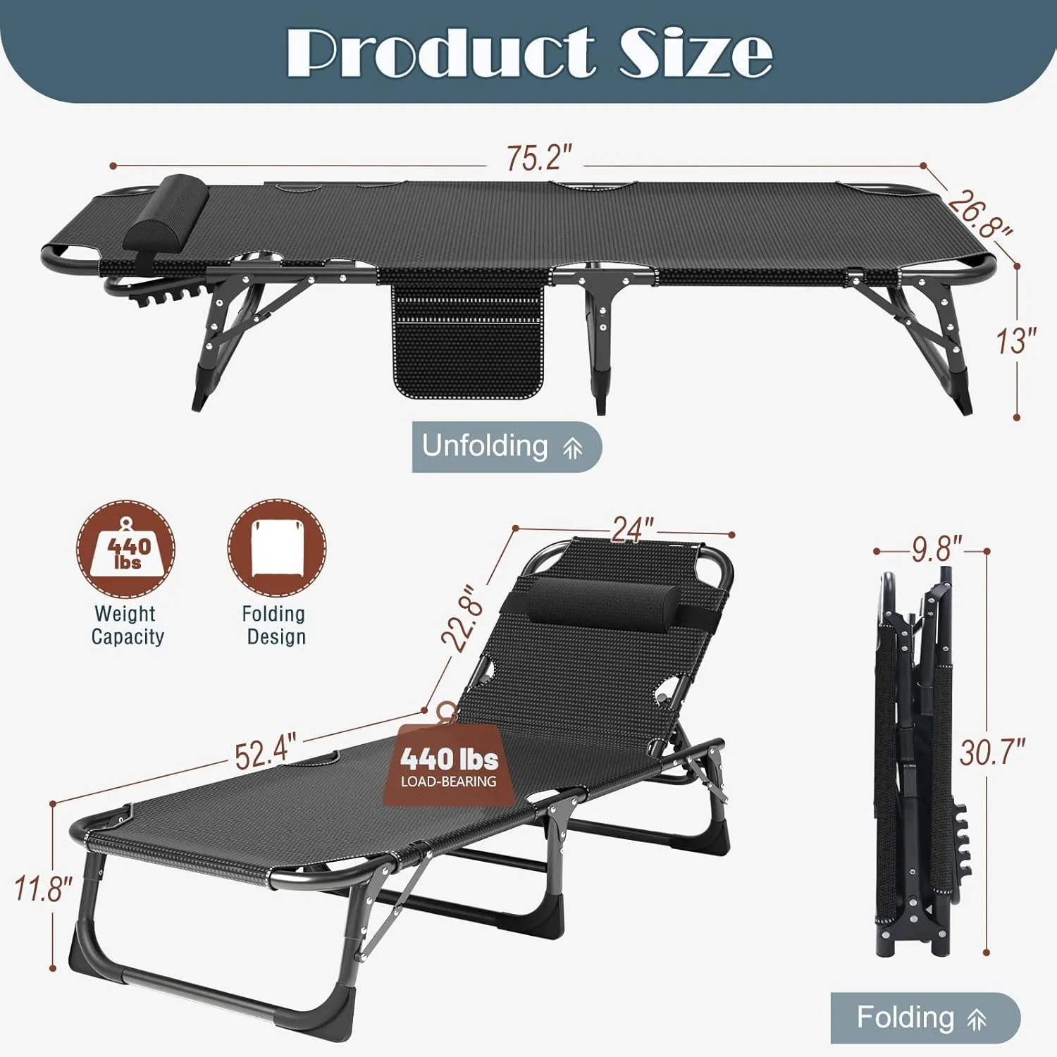 DoCred Heavy Duty Chaise Lounge Chair, Adjustable 5-Position Folding Chaise Lounge Chairs for Outside, Portable Lay Flat Beach Lounge Chair for Outdoor Sunbathing Beach Pool Lawn Camping