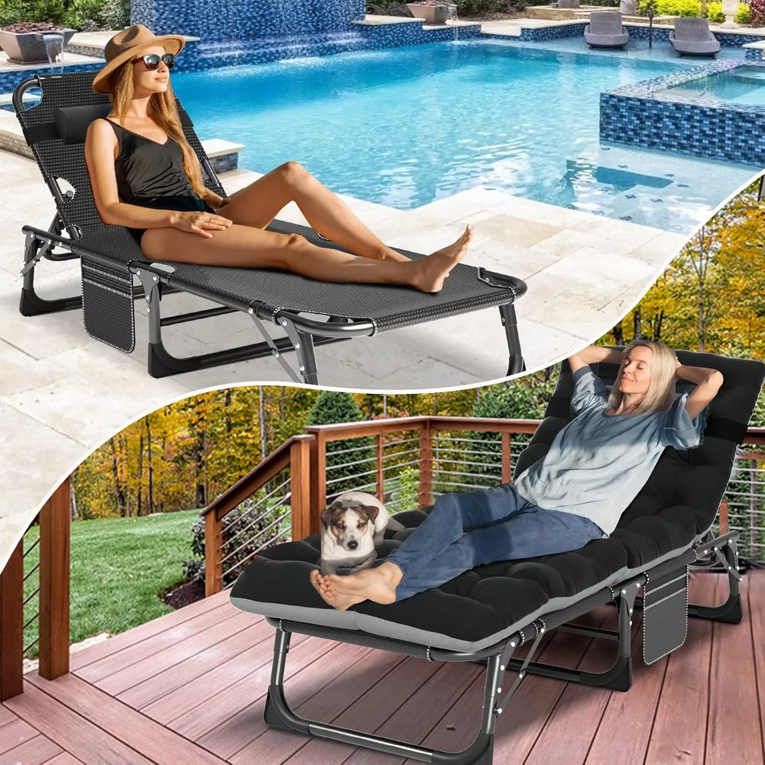 DoCred Heavy Duty Chaise Lounge Chair, Adjustable 5-Position Folding Chaise Lounge Chairs for Outside, Portable Lay Flat Beach Lounge Chair for Outdoor Sunbathing Beach Pool Lawn Camping