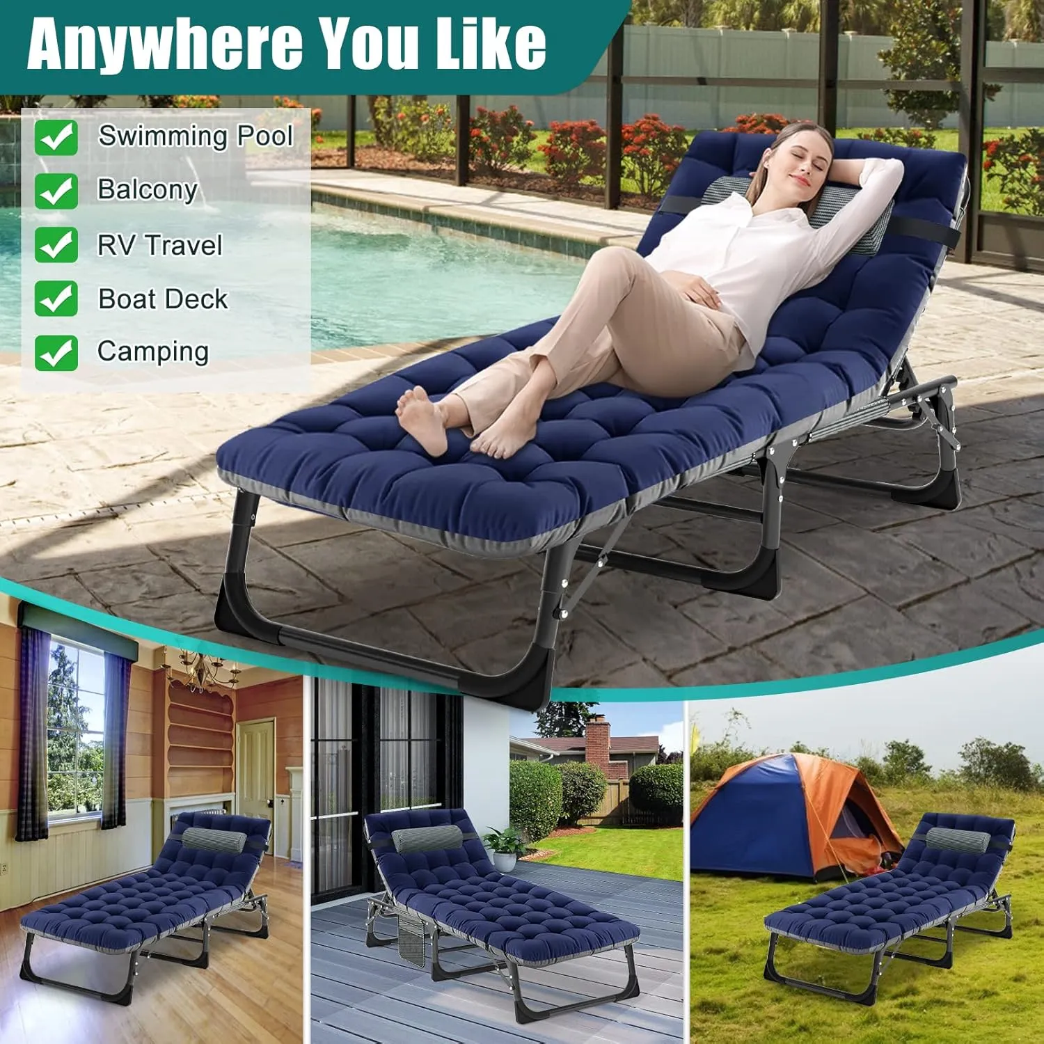 DoCred Heavy Duty Chaise Lounge Chair, Adjustable 5-Position Folding Chaise Lounge Chairs for Outside, Portable Lay Flat Beach Lounge Chair for Outdoor Sunbathing Beach Pool Lawn Camping