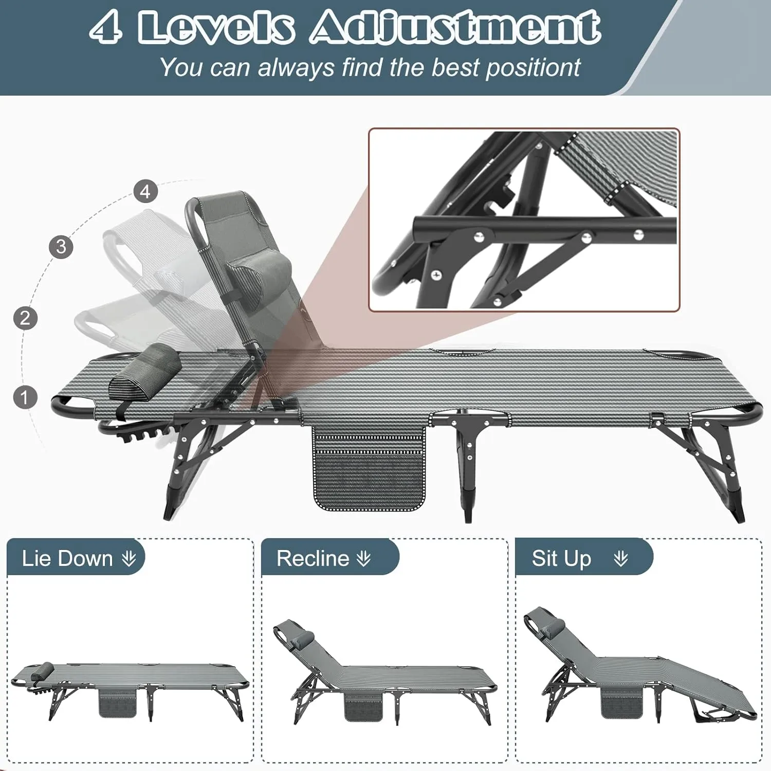 DoCred Heavy Duty Chaise Lounge Chair, Adjustable 5-Position Folding Chaise Lounge Chairs for Outside, Portable Lay Flat Beach Lounge Chair for Outdoor Sunbathing Beach Pool Lawn Camping