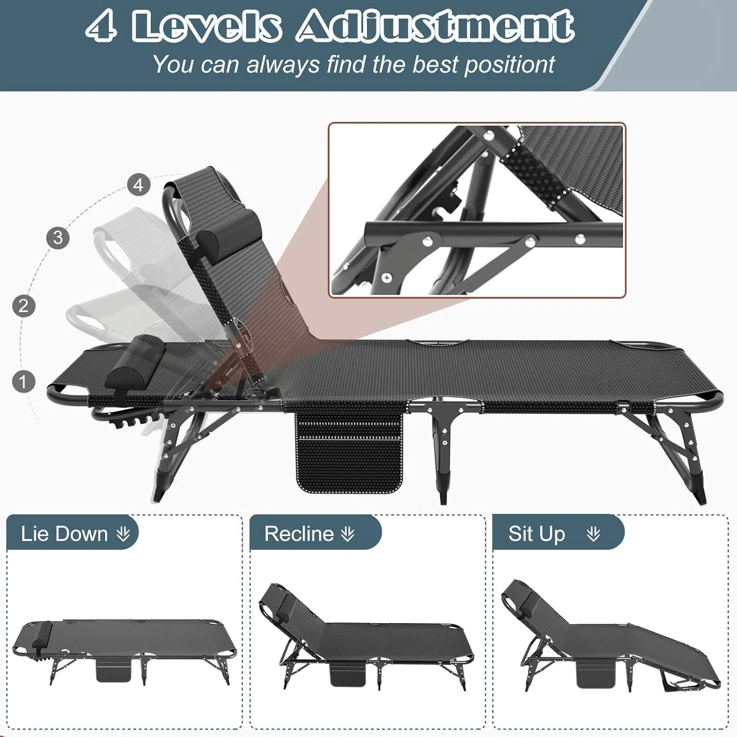 DoCred Heavy Duty Chaise Lounge Chair, Adjustable 5-Position Folding Chaise Lounge Chairs for Outside, Portable Lay Flat Beach Lounge Chair for Outdoor Sunbathing Beach Pool Lawn Camping