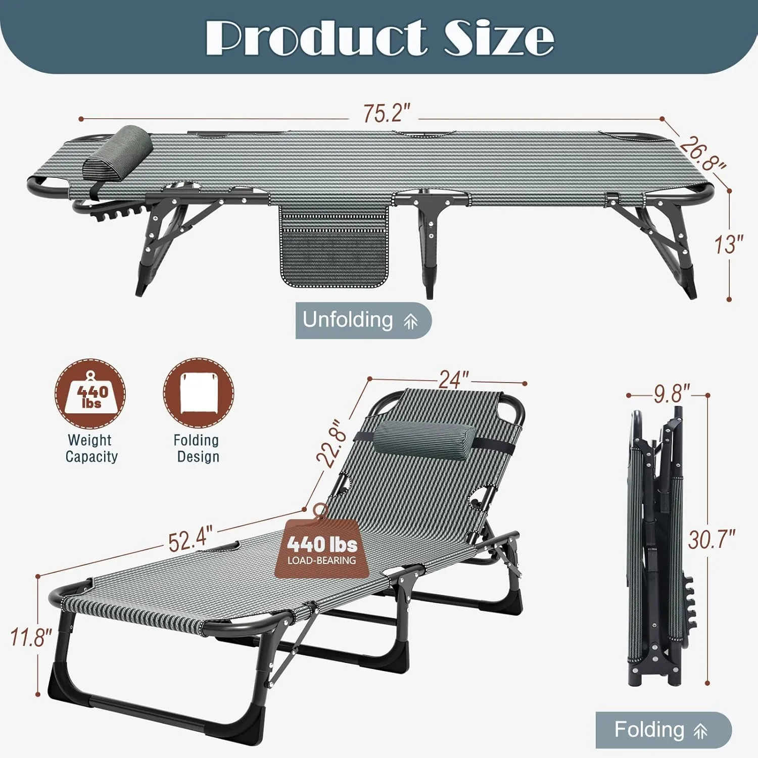 DoCred Heavy Duty Chaise Lounge Chair, Adjustable 5-Position Folding Chaise Lounge Chairs for Outside, Portable Lay Flat Beach Lounge Chair for Outdoor Sunbathing Beach Pool Lawn Camping