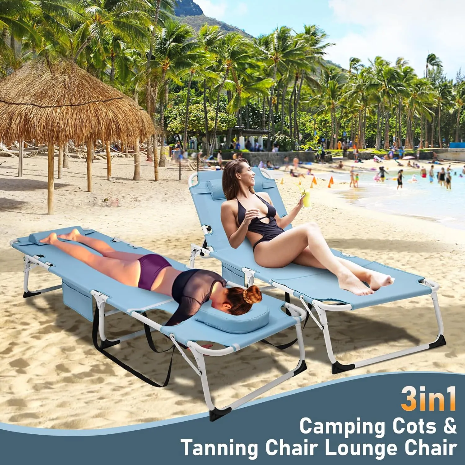 DoCred Heavy Duty Tanning Chair with Face Hole, Adjustable 5-Position Folding Chaise Lounge Chairs for Outside, Portable Lay Flat Beach Lounge Chair for Outdoor Sunbathing Beach Pool Lawn Camping