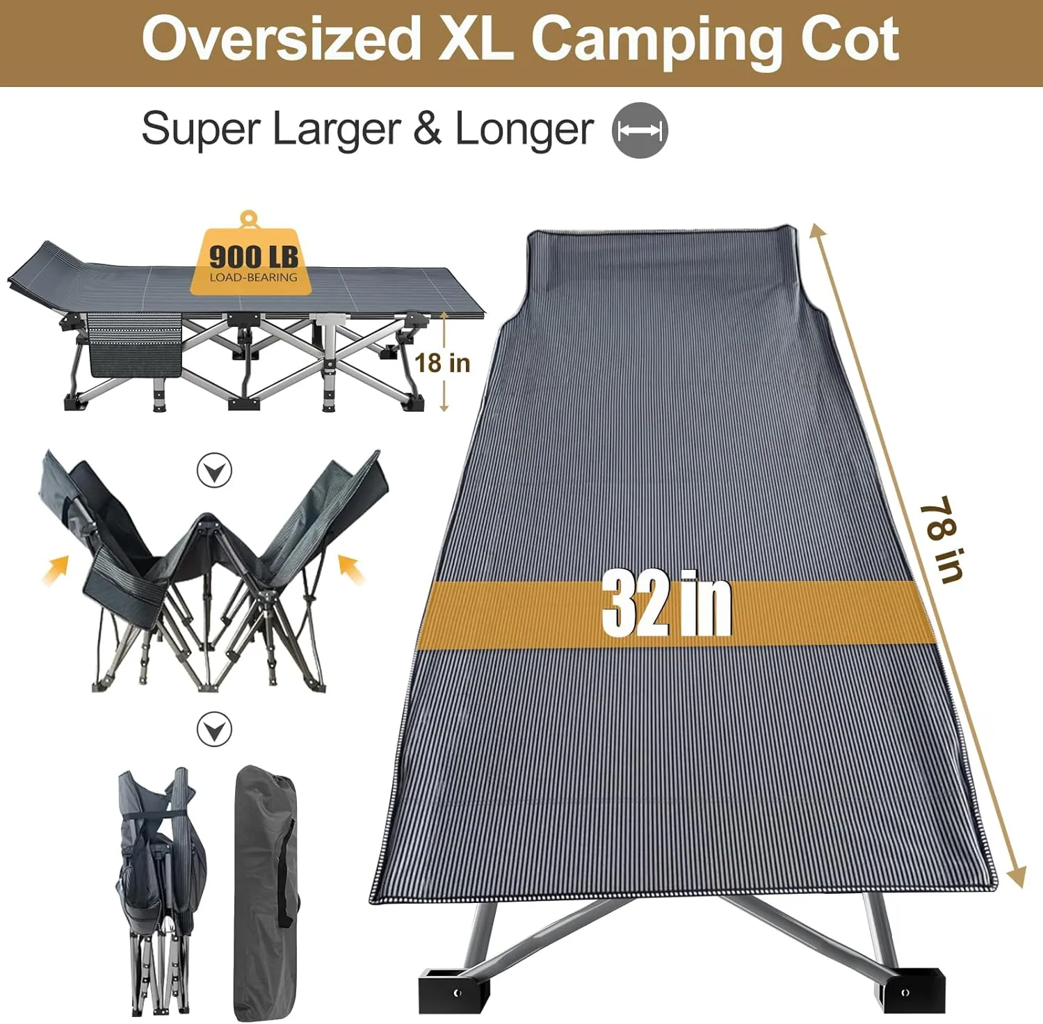 DoCred Oversized XXL Folding Camping Cot with Mattress, Heavy Duty Sleeping Cot Bed Portable Adults Outdoor Bed with Carry Bag, Travel Camp Cots