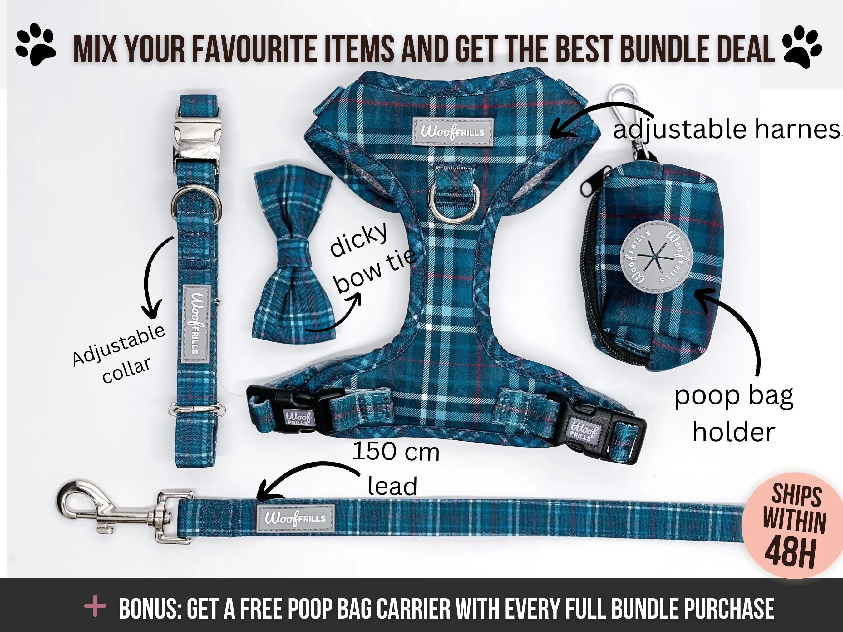 Dog harness, Dog collar and lead set | BUNDLE OF YOUR CHOICE | Plaid Date