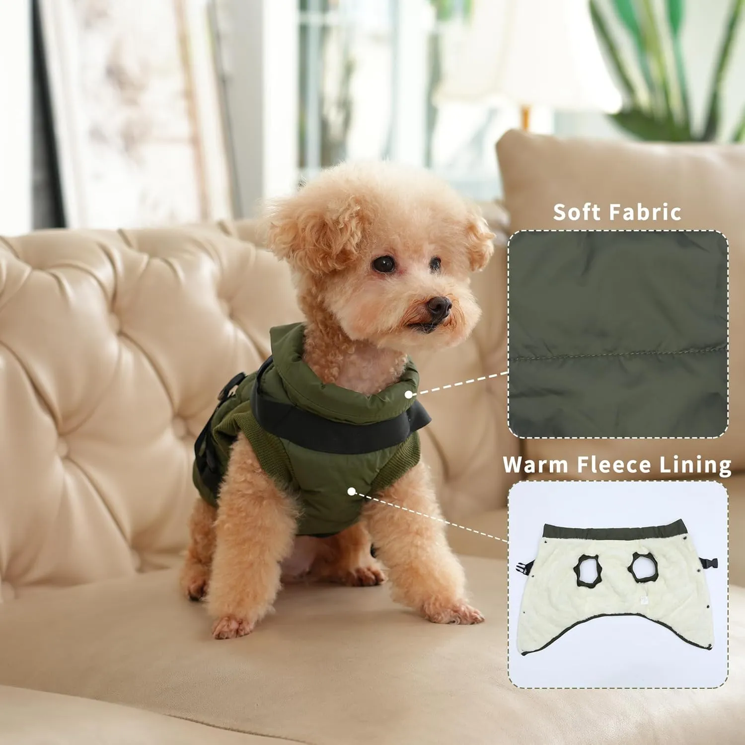 Dog Jacket with Harness,Fleece Lined Warm Puppy Coat for Winter,Soft Windproof Small Dog Vest,Green XS