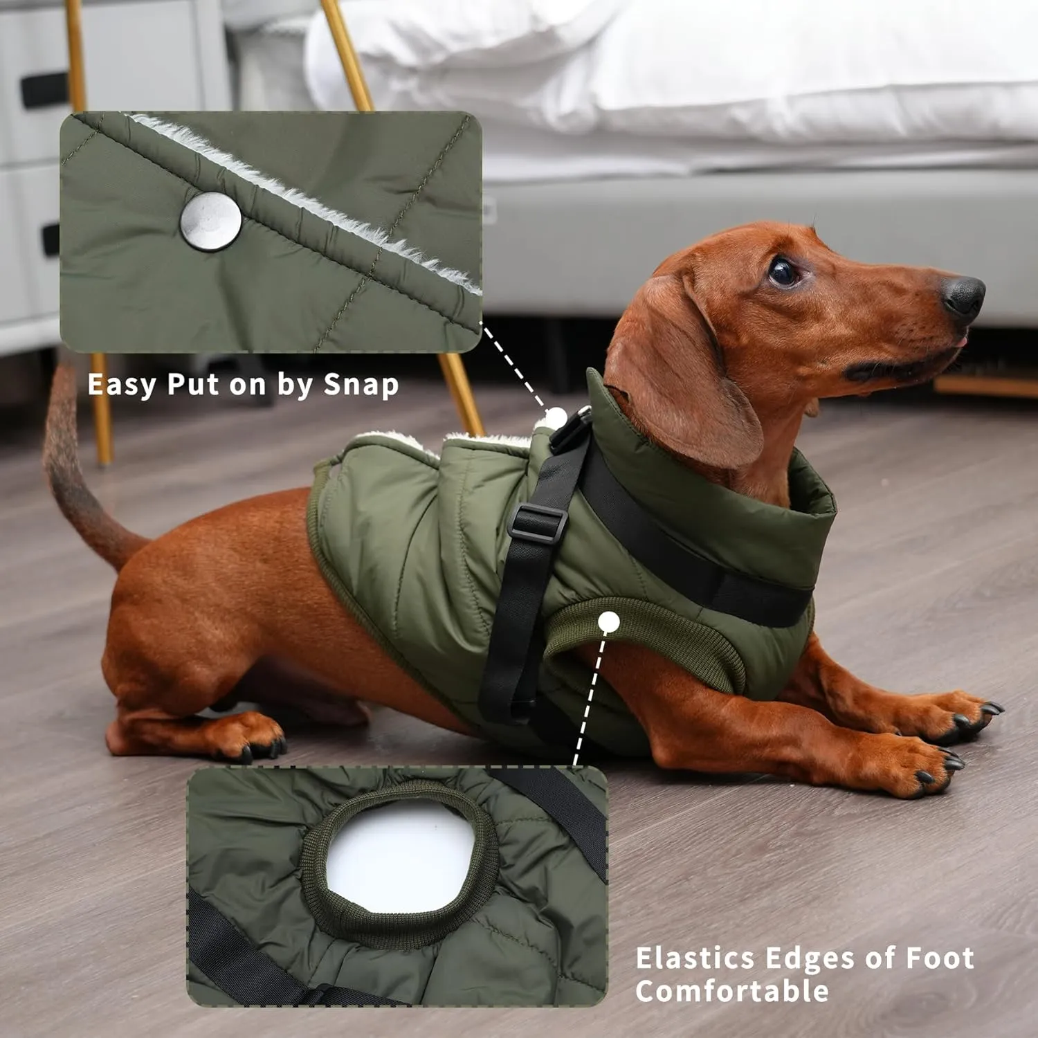 Dog Jacket with Harness,Fleece Lined Warm Puppy Coat for Winter,Soft Windproof Small Dog Vest,Green XS