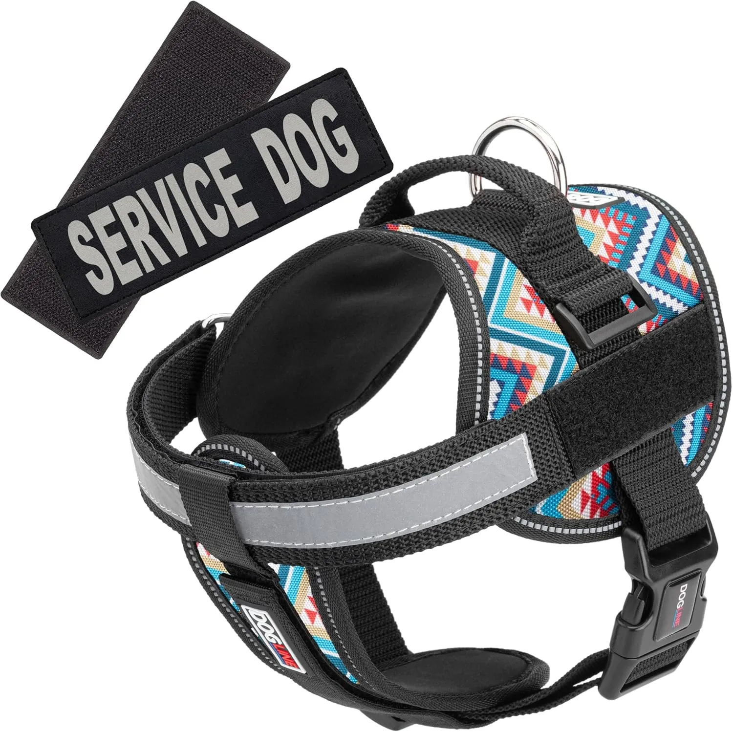 Dogline Unimax Dog Harness Vest with Service Dog Patches Reflective No-Pull, Adjustable Straps, Breathable Neoprene for Medical, Service, Identification and Training Dogs Girth 15 to 19" Aztec
