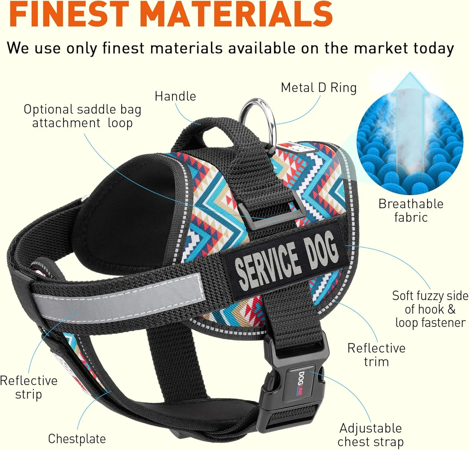 Dogline Unimax Dog Harness Vest with Service Dog Patches Reflective No-Pull, Adjustable Straps, Breathable Neoprene for Medical, Service, Identification and Training Dogs Girth 15 to 19" Aztec