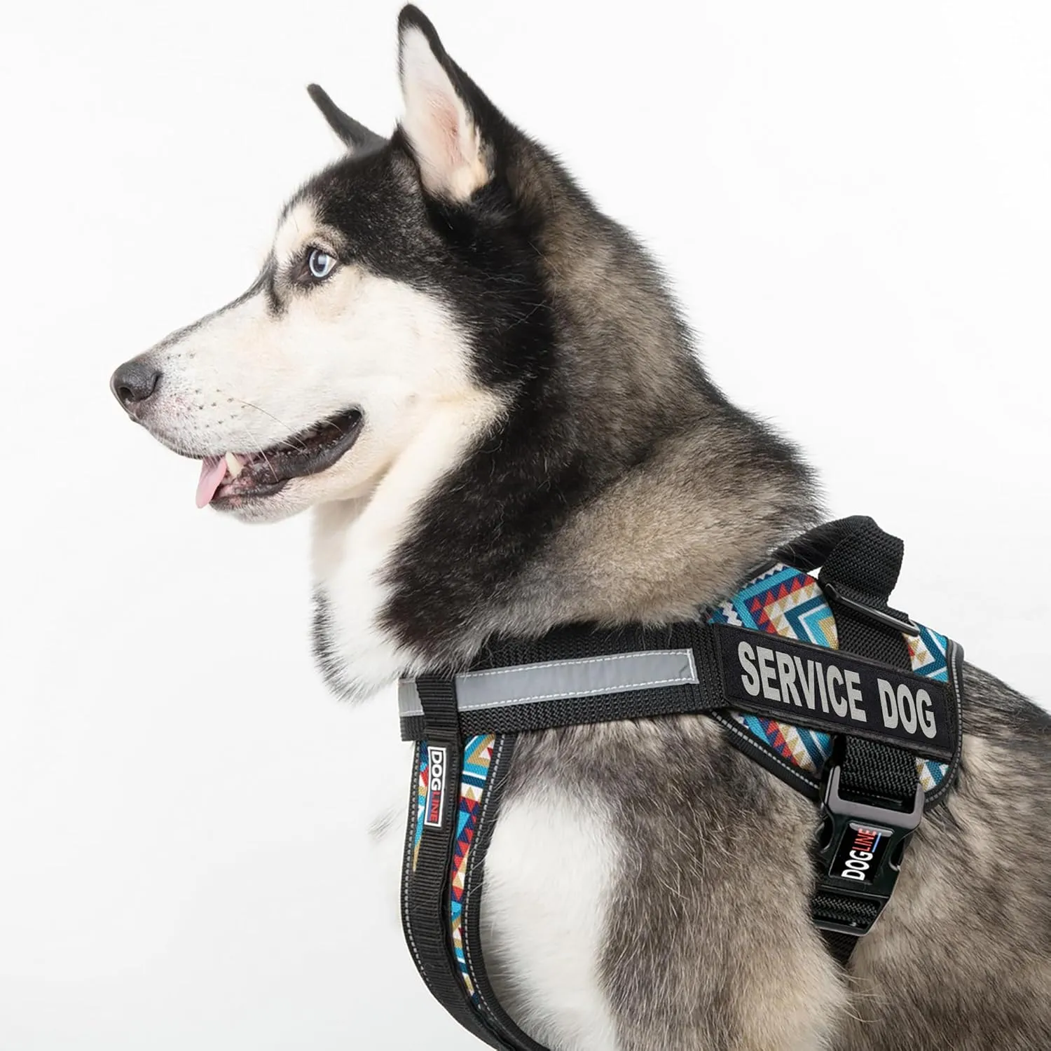 Dogline Unimax Dog Harness Vest with Service Dog Patches Reflective No-Pull, Adjustable Straps, Breathable Neoprene for Medical, Service, Identification and Training Dogs Girth 15 to 19" Aztec