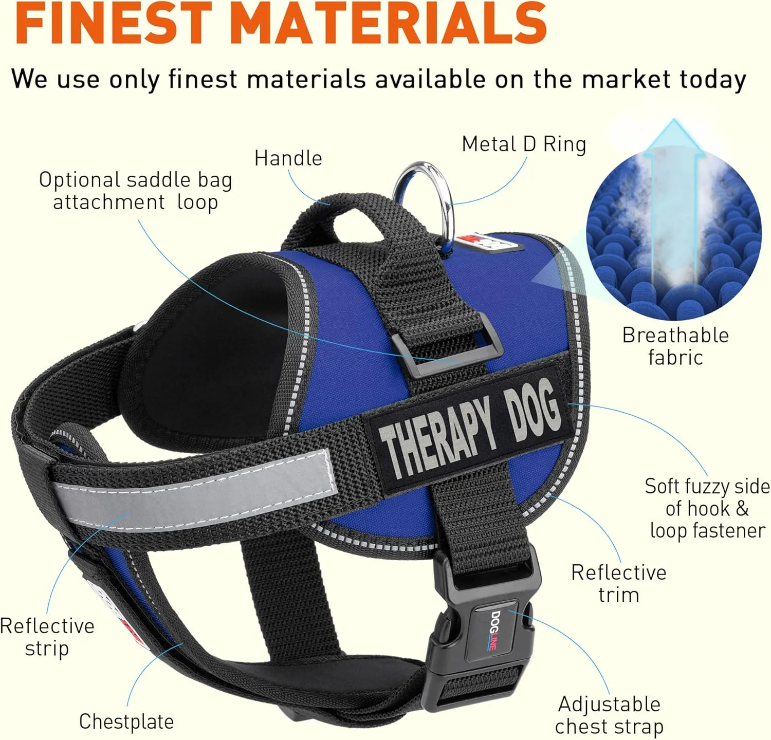 Dogline Unimax Multi-Purpose Vest Harness for Dogs and Removable Therapy Dog Patches X-Large 36 to 46" Blue