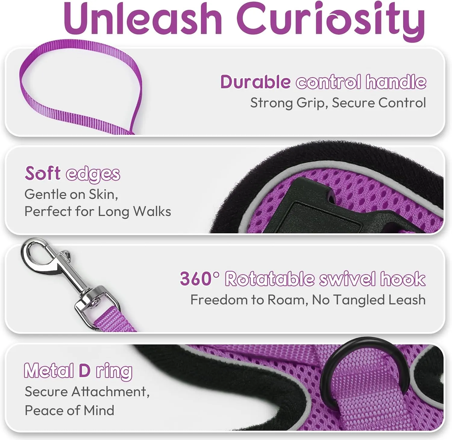 Dooradar Cat Harness and Leash Set, Escape Proof Safe Adjustable Kitten Vest Harnesses for Walking, Easy Control Soft Breathable Mesh Jacket with Reflective Strips for Cats, Purple, XS