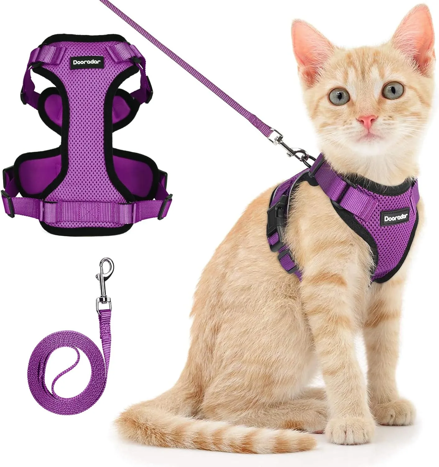 Dooradar Cat Harness and Leash Set, Escape Proof Safe Adjustable Kitten Vest Harnesses for Walking, Easy Control Soft Breathable Mesh Jacket with Reflective Strips for Cats, Purple, XS