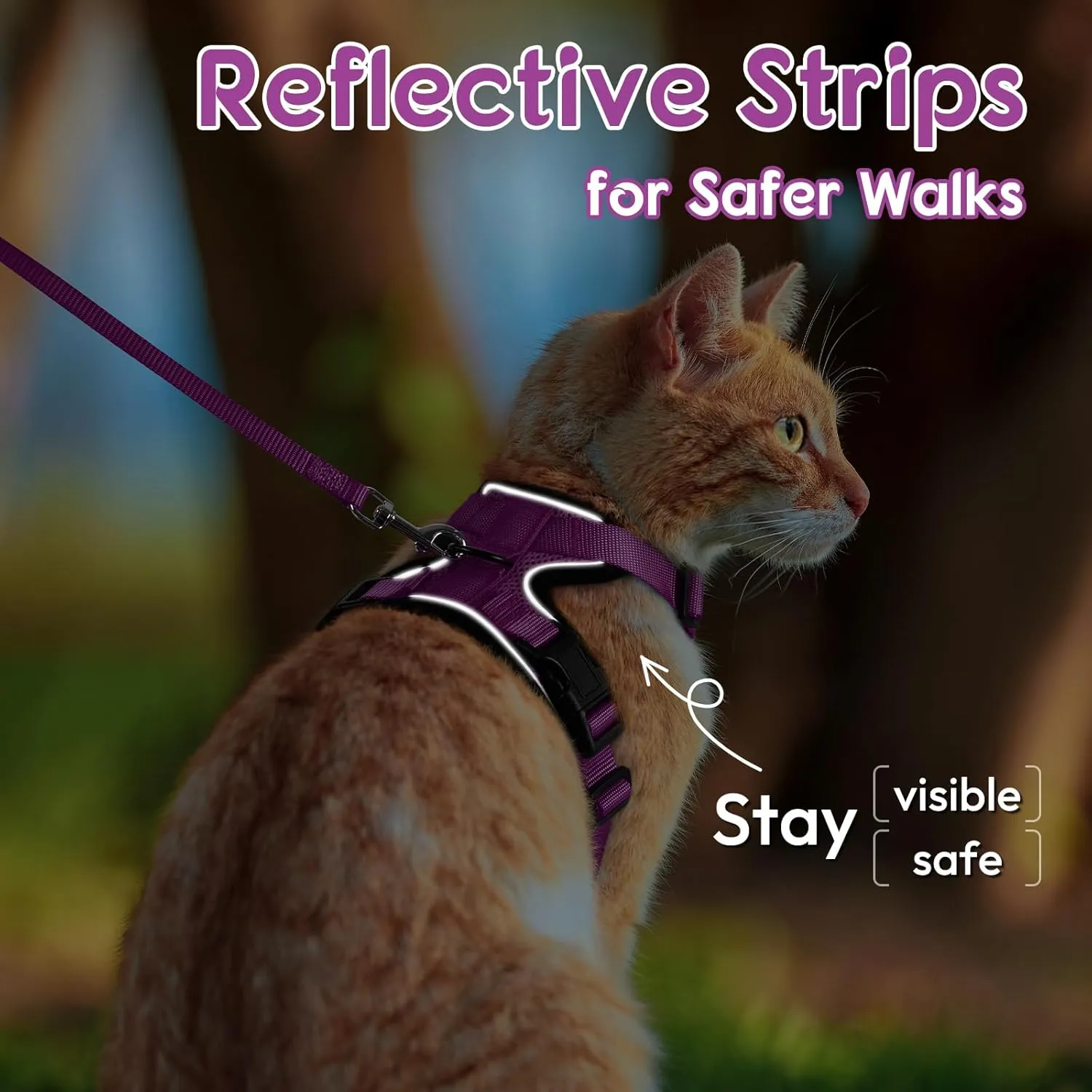 Dooradar Cat Harness and Leash Set, Escape Proof Safe Adjustable Kitten Vest Harnesses for Walking, Easy Control Soft Breathable Mesh Jacket with Reflective Strips for Cats, Purple, XS