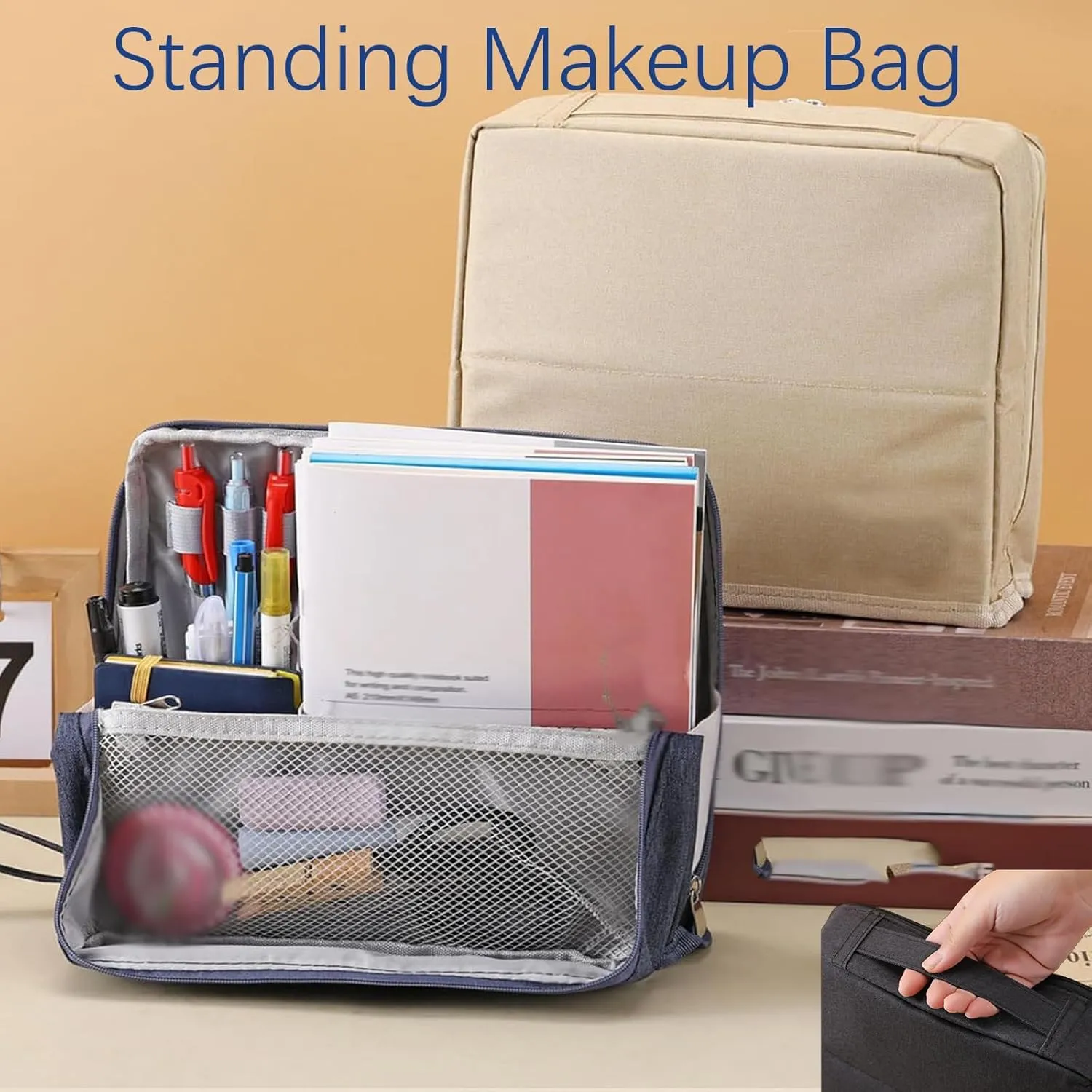 Doresty Makeup Bag, Reusable Portable Doresty Standing Makeup Bag Large Capacity, Folding Vertical Makeing Organizer Bags with Compartments for Travel Work Home (Black)