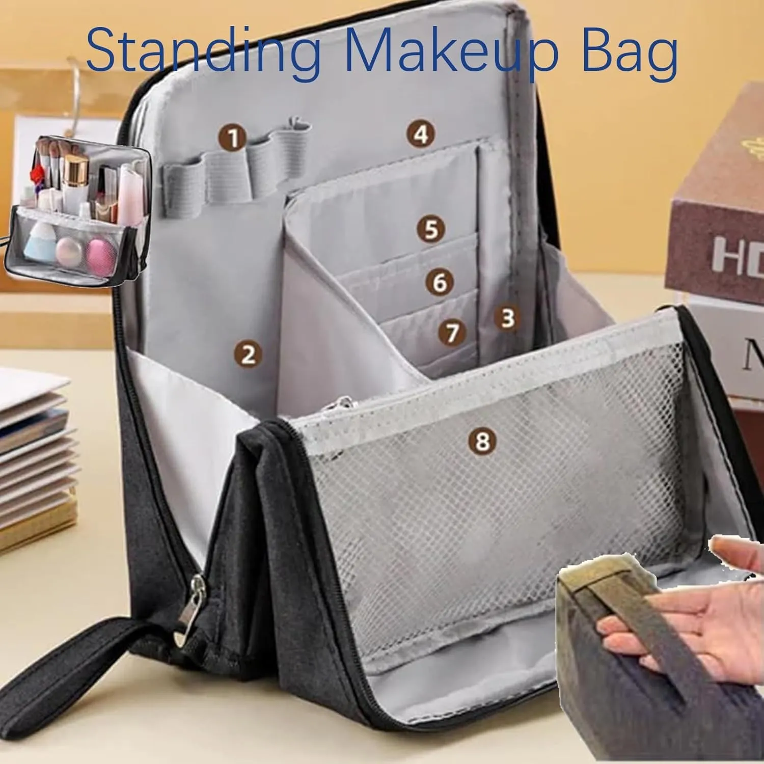 Doresty Makeup Bag, Reusable Portable Doresty Standing Makeup Bag Large Capacity, Folding Vertical Makeing Organizer Bags with Compartments for Travel Work Home (Black)