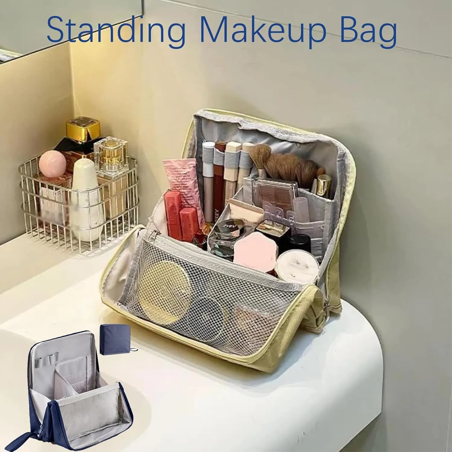 Doresty Makeup Bag, Reusable Portable Doresty Standing Makeup Bag Large Capacity, Folding Vertical Makeing Organizer Bags with Compartments for Travel Work Home (Black)