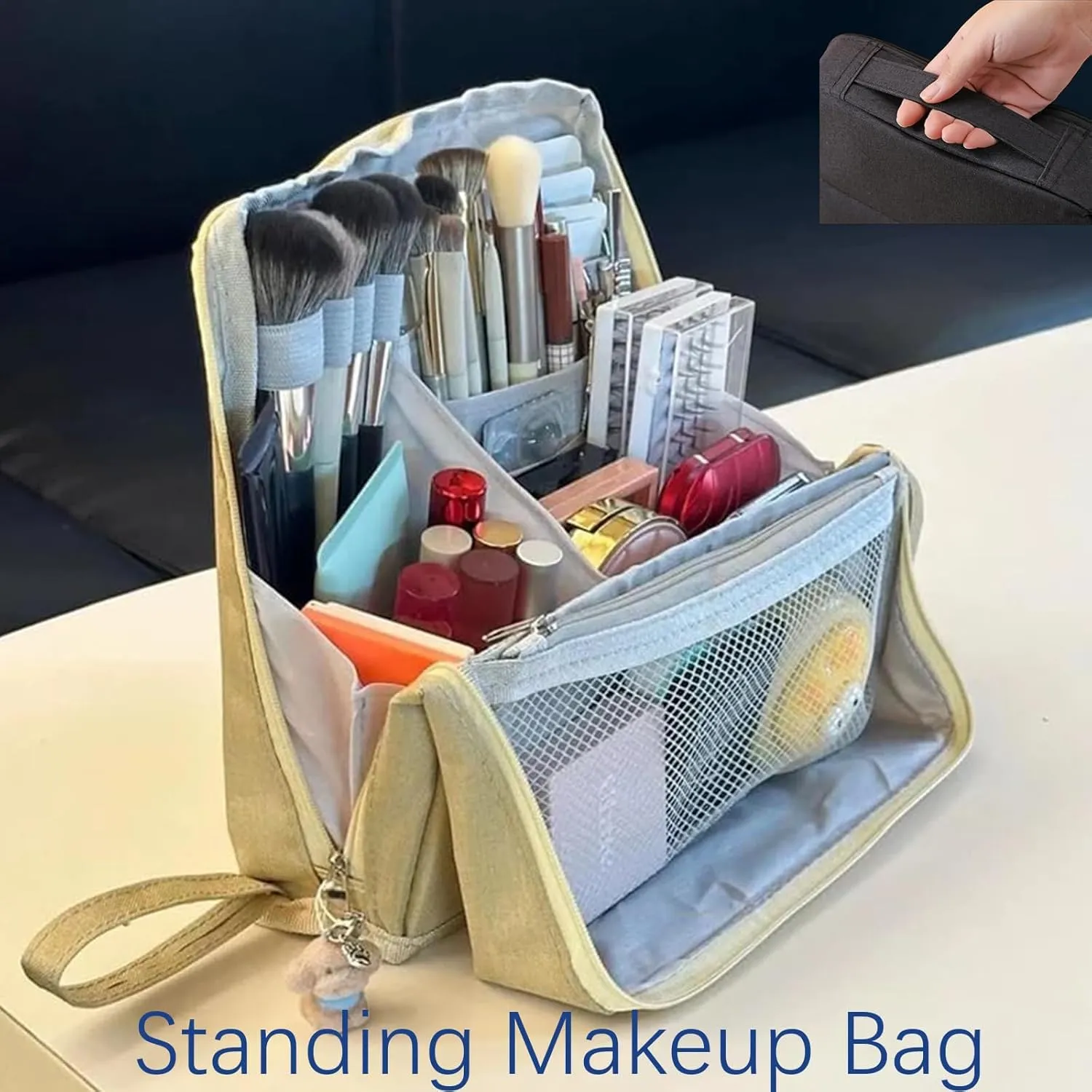 Doresty Makeup Bag, Reusable Portable Doresty Standing Makeup Bag Large Capacity, Folding Vertical Makeing Organizer Bags with Compartments for Travel Work Home (Black)