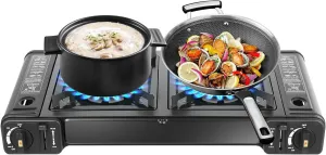 Double Auto Ignition Camping Burner, 2 in1 Butane LP Gas Ceramic Burner Portable 2 Burner Propane Stove with Storage Case & Pot Rack & Grill Tray Power 2*1.15 Kw/3924 BTU for Camping, Traveling