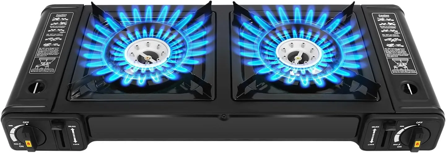 Double Burner Butane Stove, 2 Burners Portable Camping Stove with Carrying Case, Portable Gas Stove Auto Ignition Camping Burner LPG for RV, Apartments, Outdoor, Cook Delicious Food Stove