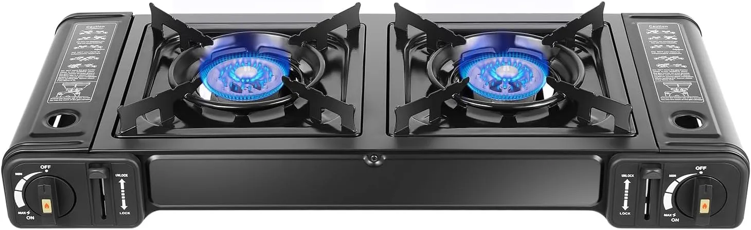 Double Burner Butane Stove, Butane Camping Stove Kit with Carrying Case, Portable Auto Ignition Camping Burner for RV, Apartments, Outdoor