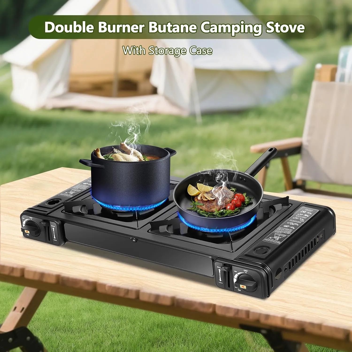 Double Burner Butane Stove, Butane Camping Stove Kit with Carrying Case, Portable Auto Ignition Camping Burner for RV, Apartments, Outdoor