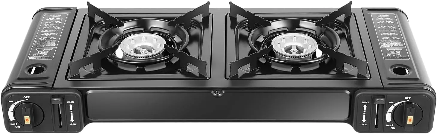 Double Burners Butane Stove with Baking Pan and Carrying Case,Portable Countertop Range Camping Stove Kit for Outdoor Cooking,RV,Apartments
