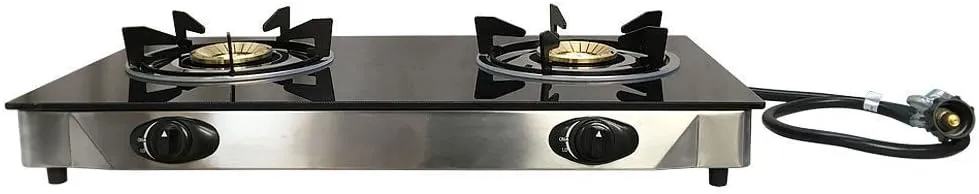 Double Steel Portable 2 Dual Burner Stove Range Propane Gas BBQ Tempered Glass Cooktop