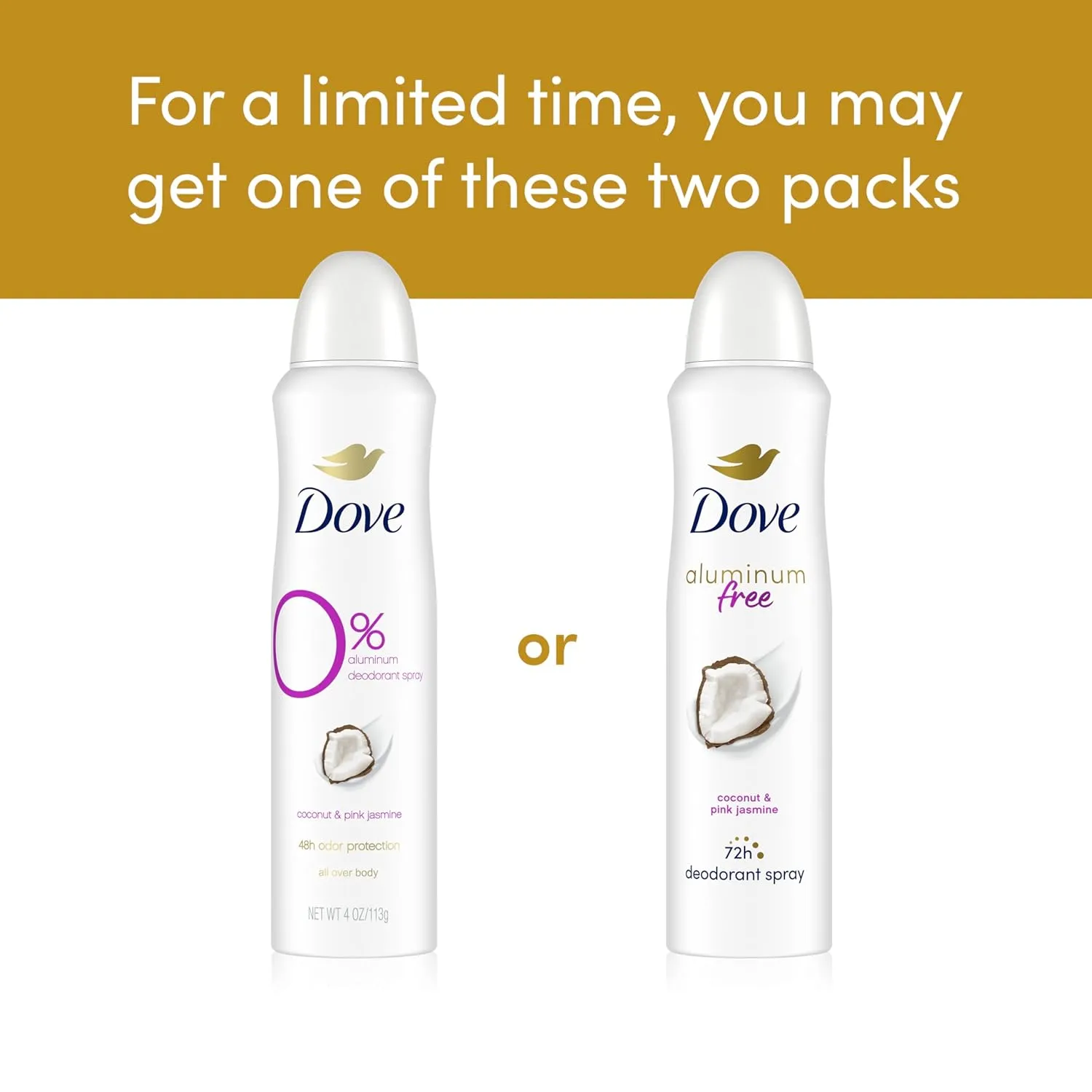 Dove Aluminum Free Deodorant Spray for Women 3 Count Coconut & Pink Jasmine 72 hour odor protection 4oz