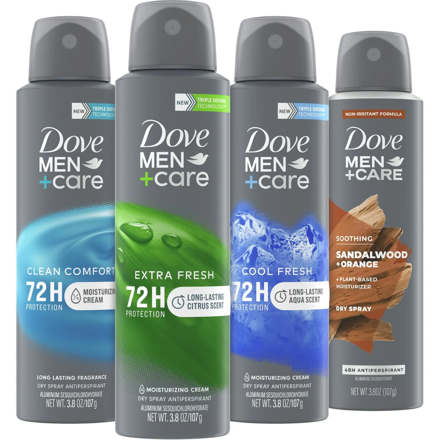 Dove Men Care Dry Spray Antiperspirant Variety 4-Pack – Scented, Non-Irritating with Vitamin E, 72H Sweat & Odor Protection, 3.8 Oz Ea