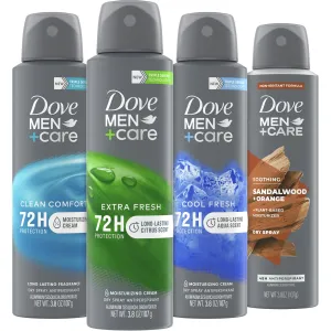 Dove Men Care Dry Spray Antiperspirant Variety 4-Pack – Scented, Non-Irritating with Vitamin E, 72H Sweat & Odor Protection, 3.8 Oz Ea