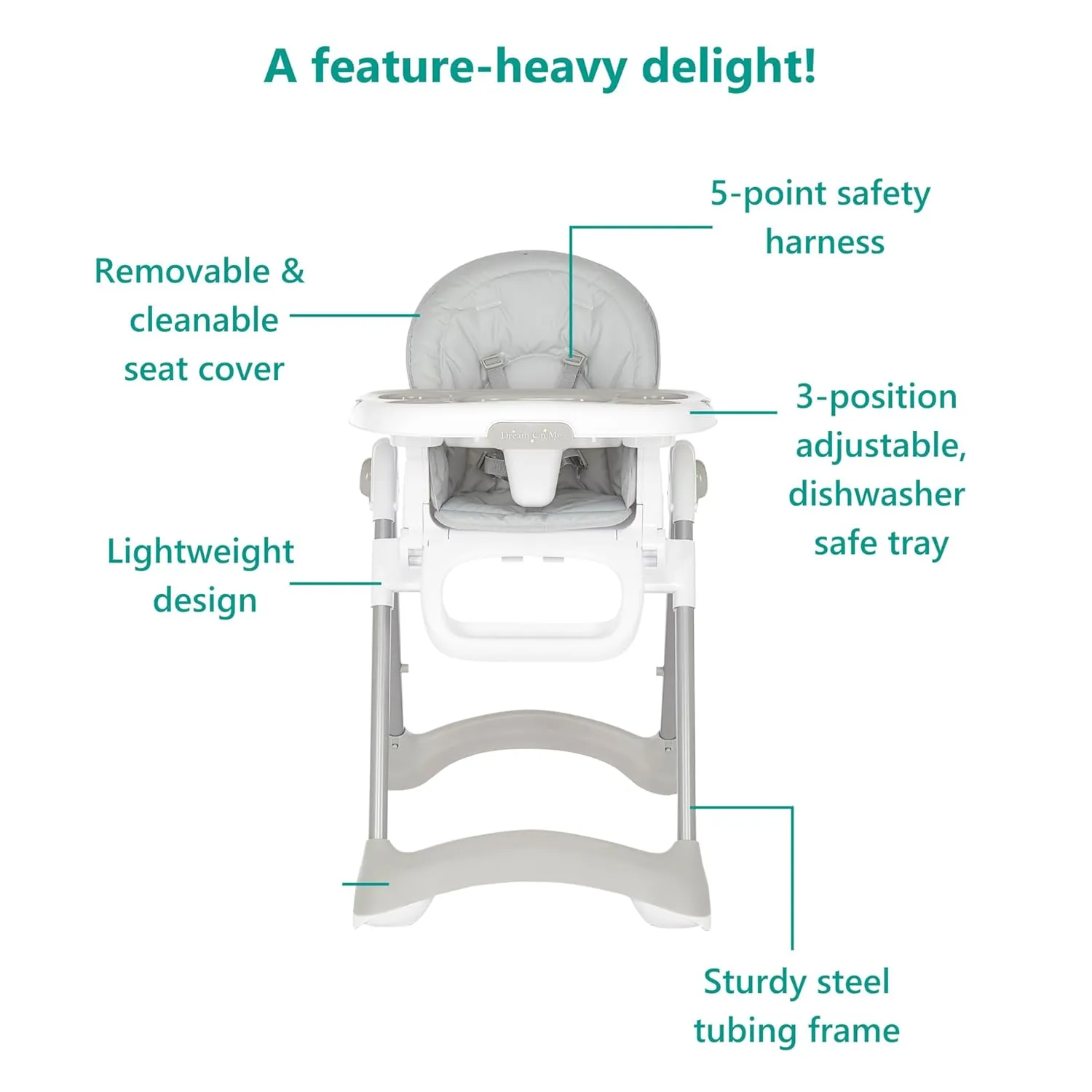 Dream On Me Solid Times High Chair for Babies and Toddlers in Grey, Multiple Recline and Height Positions, Lightweight Portable Baby High Chair, 5 point Safety Harness, Easy to Clean Surface