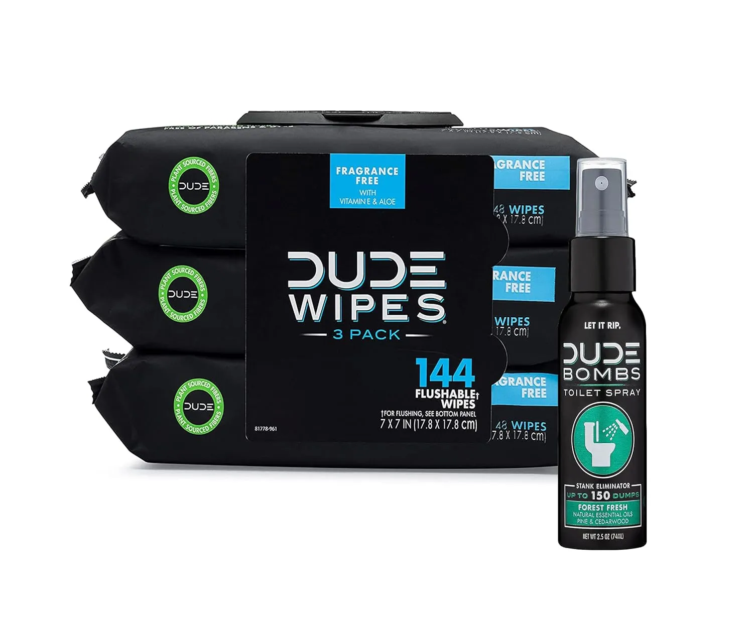 DUDE Wipes - Flushable Unscented Extra-Large Adult Wet Wipes (3 Pack, 144 Count) & DUDE Bombs Toilet Spray, 2.5 oz, Forest Fresh Stank Eliminator (1 Spray Bottle)