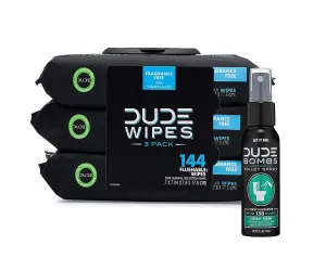 DUDE Wipes - Flushable Unscented Extra-Large Adult Wet Wipes (3 Pack, 144 Count) & DUDE Bombs Toilet Spray, 2.5 oz, Forest Fresh Stank Eliminator (1 Spray Bottle)