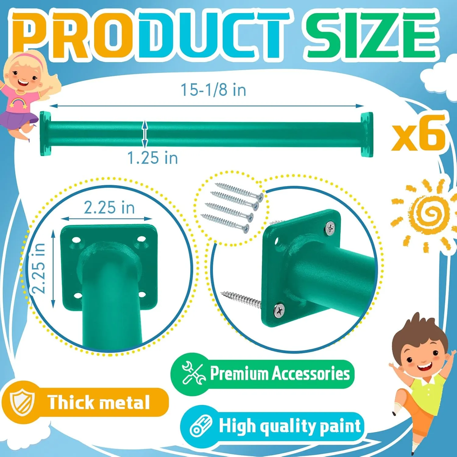 Dunzy 6 Pack 15 inch Monkey Bars Playground Ladder Rungs Monkey Bar Kit Playground Accessories Ladder Rungs Swing Set Grab Handles for Kids Backyard Outdoor Indoor Jungle Climbing(15 Inch,Green)
