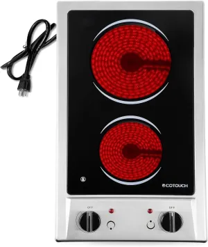 ECOTOUCH 2 Burner Electric Cooktop, 12 Inch 110V-120V Portable Cooktop Ceramic Glass Electric Stove Top Built-In & Countertop Stove Radiant Cooktops, Plug In