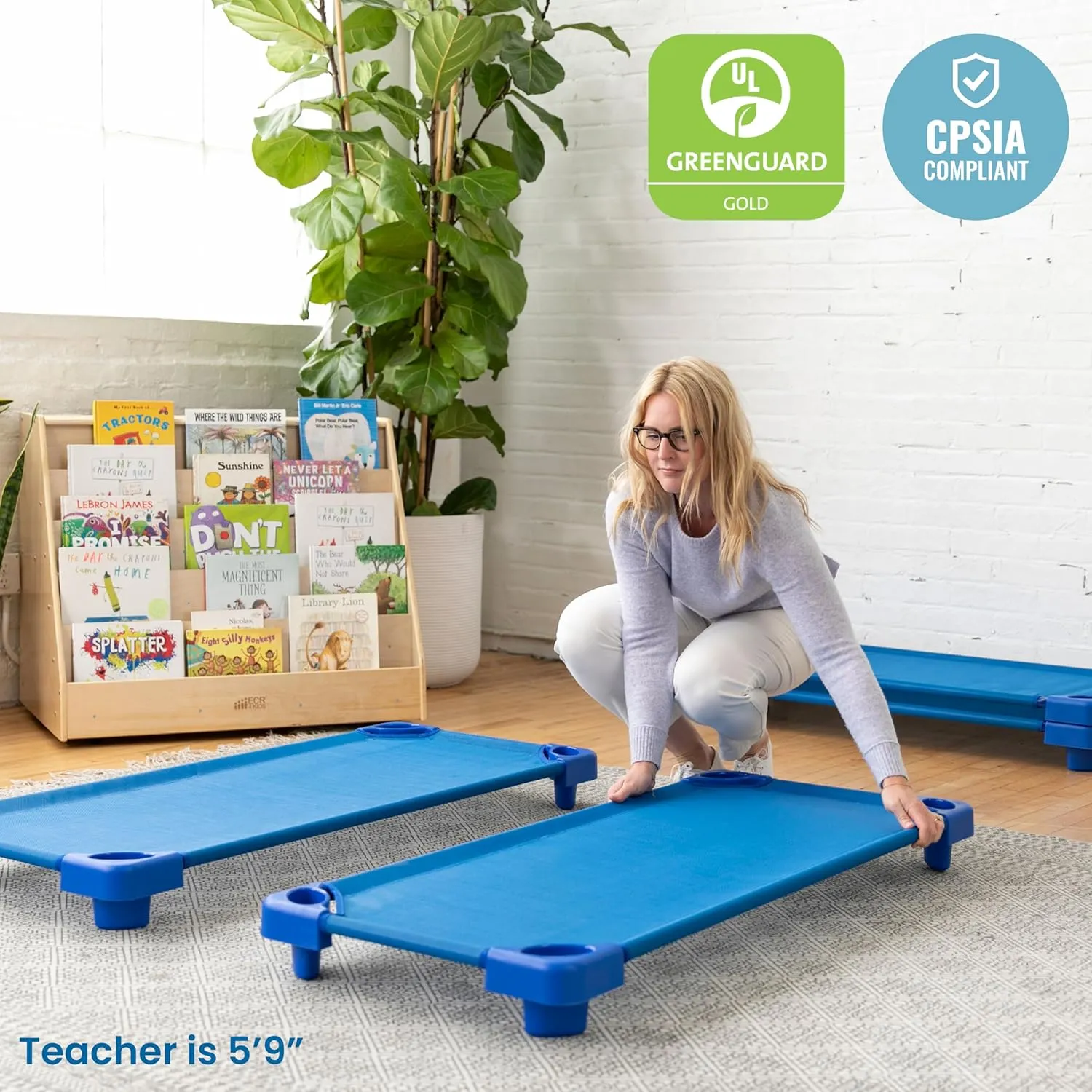 ECR4Kids Stackable Kiddie Cot, Assembled, Standard Size, Classroom Furniture, Blue, 5-Pack